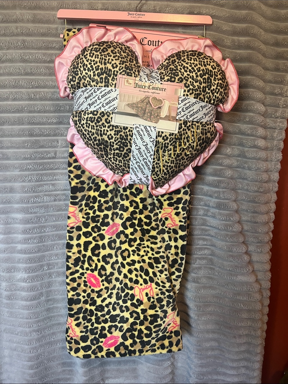 Juicy Couture Leopard Heart Pillow & Lip-Print Throw in Pink and Yellow